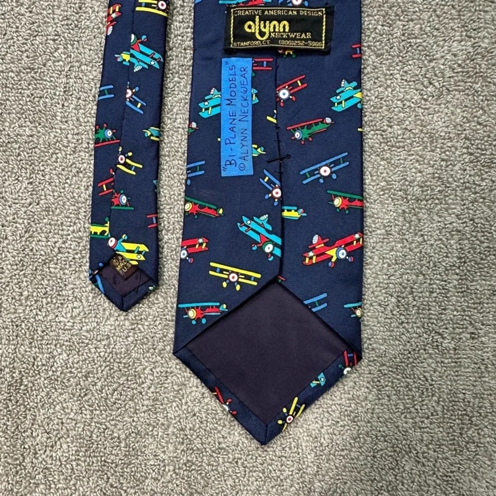 Alynn Neckwear Bi-Plane Models Silk Tie Navy Blue Aviation Airplane Made in USA